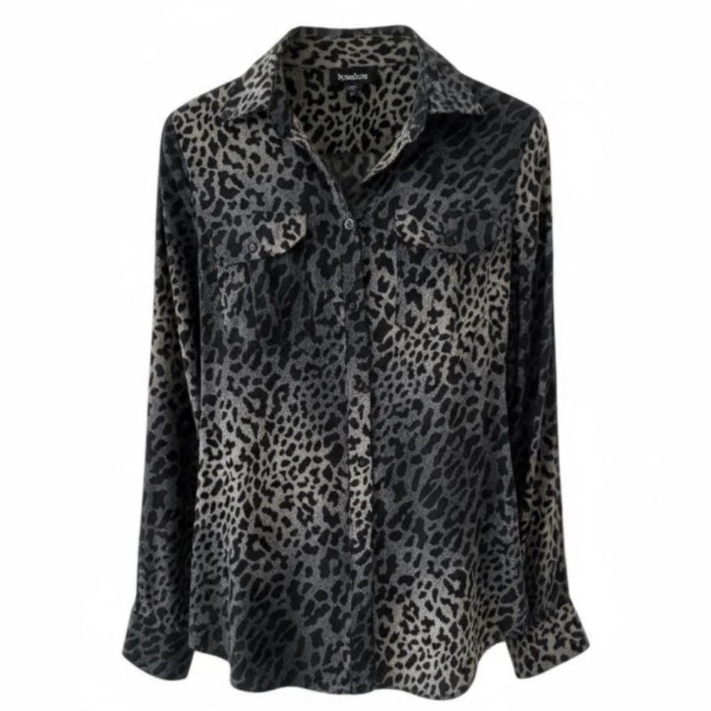 Bebe Black and Gray Leopard Print Button Down Long Sleeve Shirt Size Medium
